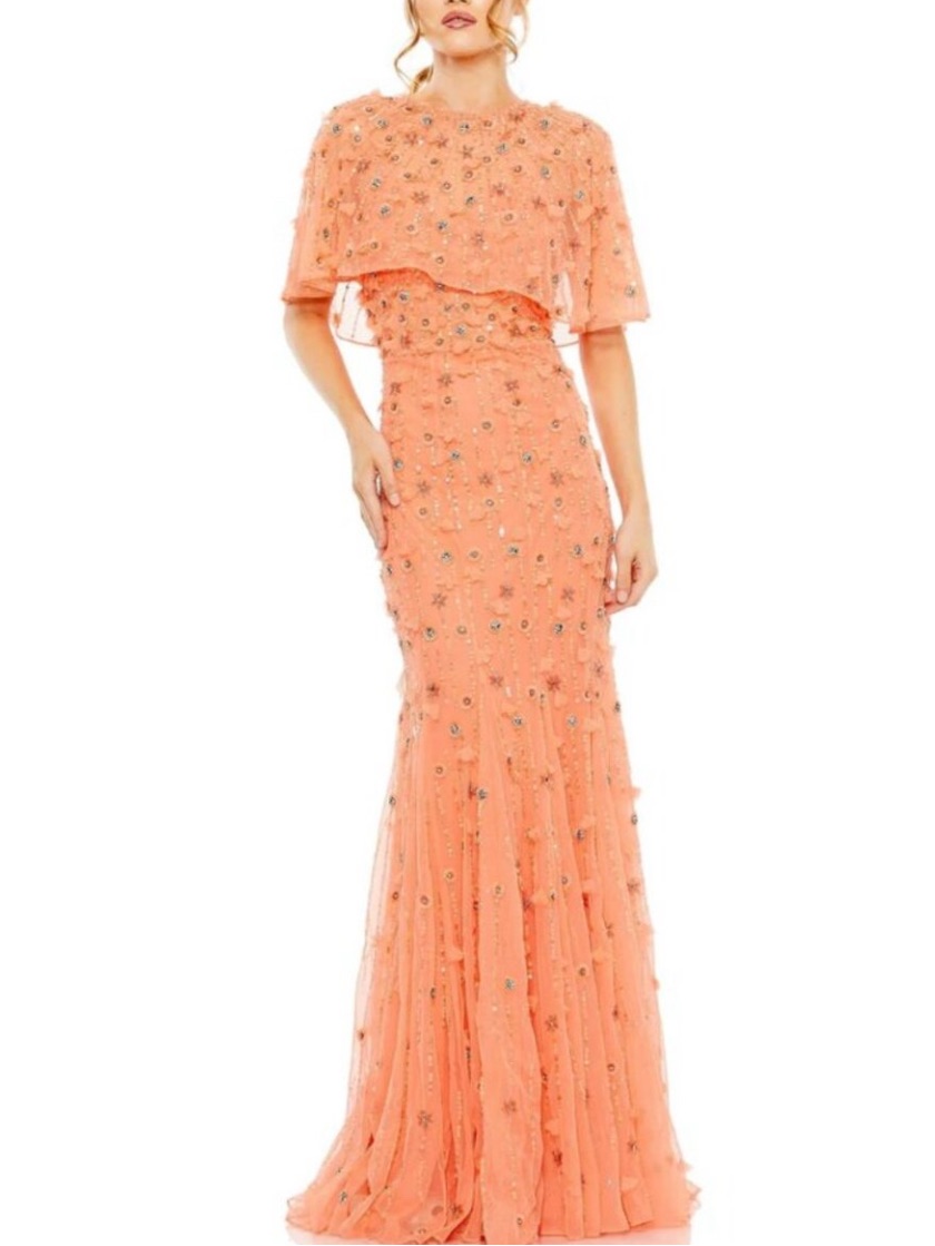 Nwt Mac Duggal Embellished Illusion Cape Sleeve Trumpet Gown Coral Size 10